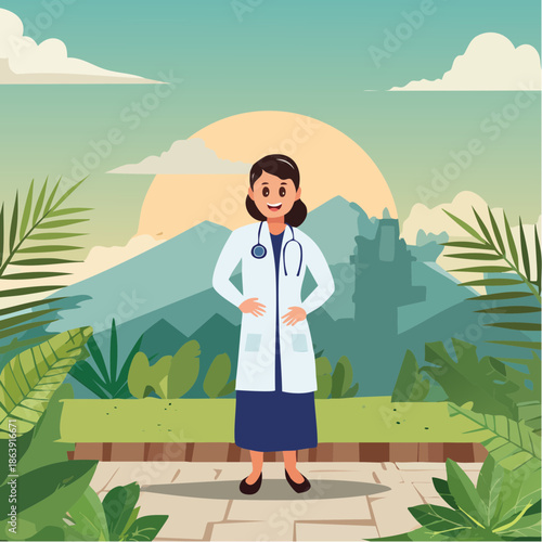 A female doctor standing in a serene outdoor setting with mountains and lush foliage in the background