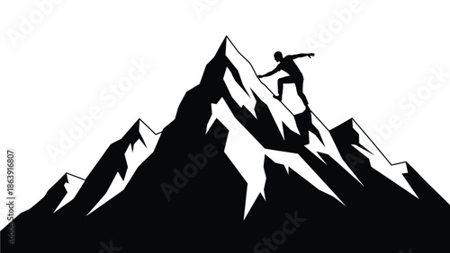 Silhouette of a determined climber ascending a jagged, towering mountain peak successfully