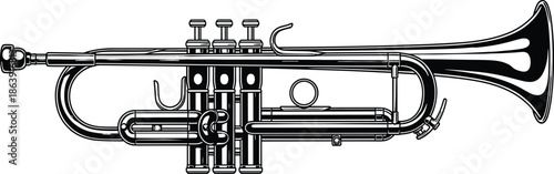 Detailed black and white trumpet line art illustration isolated on white background for music education, jazz culture, and instrument design