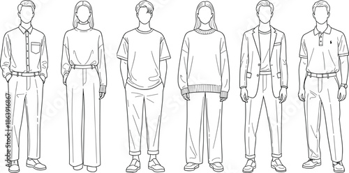 Faceless male and female fashion character lineup in casual outfits, clean black line art illustration for clothing design reference set