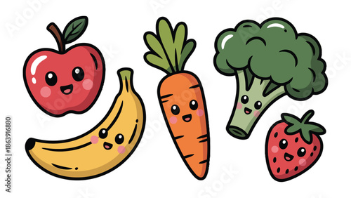 Cheerful Fruit and Vegetable Medley: A vibrant assortment of smiling fruits and vegetables, each with its unique charm, creates a cheerful and inviting scene.