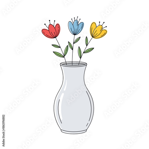 Simple cartoon vase with colorful flowers, hand-drawn illustration, white background