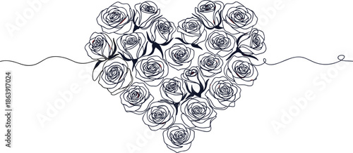 Heart shaped arrangement of white roses in minimal continuous line art style, romantic floral illustration for wedding invitations and Valentine designs