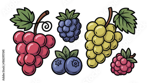 Variety of Berries and Grapes Illustration: An artistic portrayal of a medley of fresh, vibrant berries and grapes. The image showcases the natural beauty of the food and healthy lifestyle.