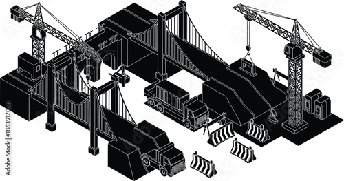 Isometric bridge construction site illustration with cranes trucks barriers and workers, monochrome vector engineering infrastructure development concept isolated background white design