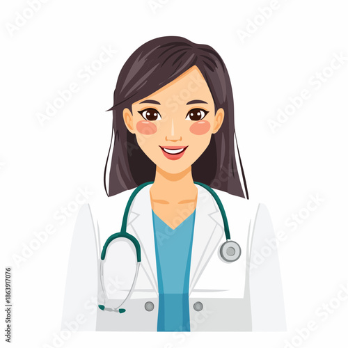 Illustration of a friendly female doctor wearing a stethoscope and white coat