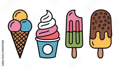 Cool Treats: A delightful arrangement of frozen desserts, capturing the essence of sweet indulgence and refreshing moments.