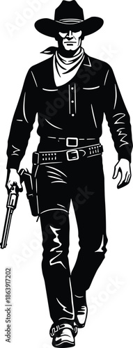 Western cowboy gunslinger silhouette walking forward holding revolver isolated on white background representing outlaw justice, frontier spirit, vintage wild west character