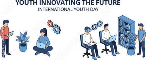 Youth innovating the future illustration for International Youth Day with students using technology laptops virtual reality learning collaboration education digital innovation global