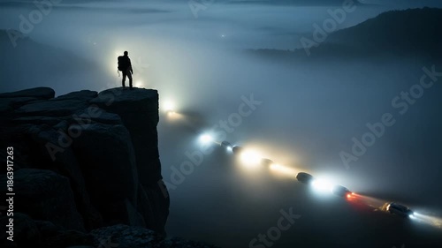 Hiker Silhouetted on Cliff Edge Overlooking Foggy Valley with Car Headlights