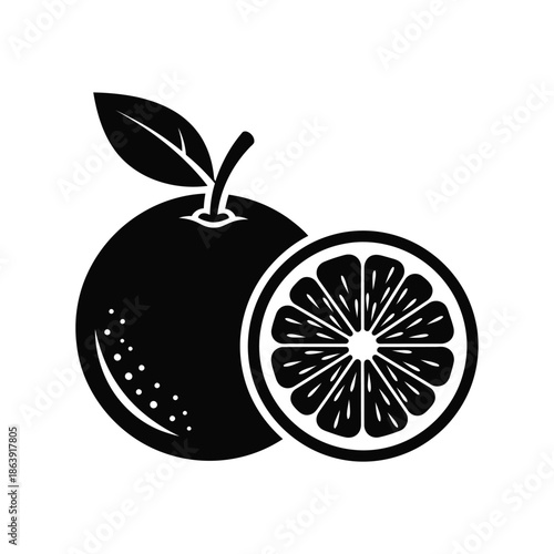 A simple black and white illustration depicting a whole orange alongside a cut orange half showcasing its internal segments