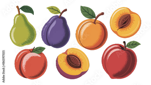 Vibrant Fruit Selection: A colorful collection of fresh, ripe fruits including pears, plums, apples, and peaches, showcasing the beauty and bounty of nature's offerings.