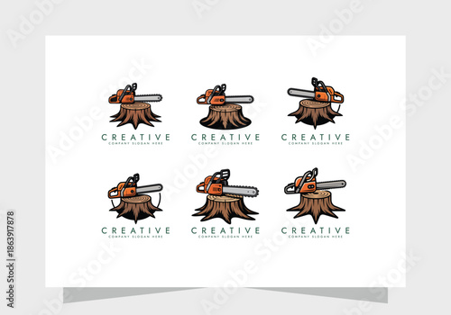chainsaw logo tool Collection   vector illustration logo design, Concept of woodworking industrial, chainsaw repair and wood cutting service.	 