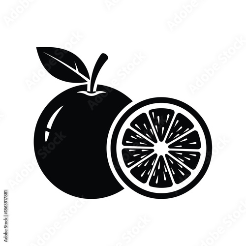 a black and white illustration depicts a whole orange and a sliced orange segment showcasing the fruit s internal structure