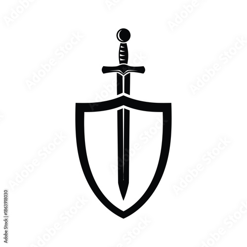 a striking black and white illustration depicts a medieval sword positioned directly over a shield symbolizing protection and defense