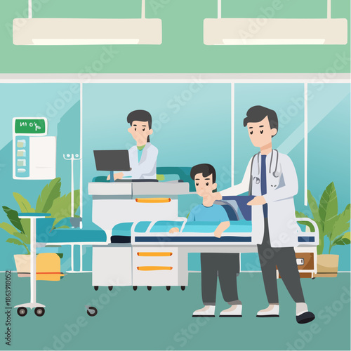 Medical care and treatment in a modern hospital room with doctors and a patient