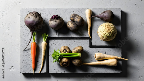 Assorted root vegetables arranged artistically on a gray stone slab, viewed from directly above.