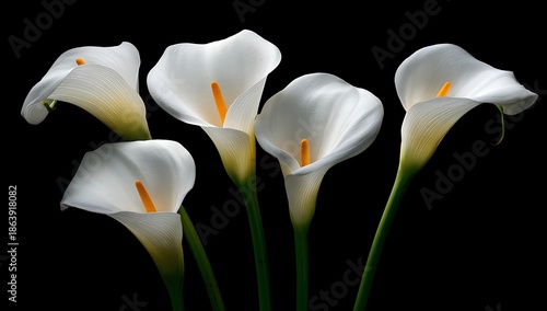 Elegant Calla Lilies Portrait: Captivating Group of White Flowers with Yellow Centers Set Against a Solid Black Background Highlighting Their Delicate Beauty