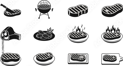 Steak and Barbecue Silhouette Icons Set with Grilled Meat, BBQ Grill, Pan, Plate, Flames, and Cutting Board Vector