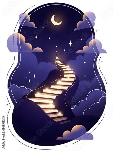 Stairway of light ascending into the night sky symbolizing Mi’raj spiritual ascent. Islamic symbolic illustration for faith, worship, and religious storytelling.