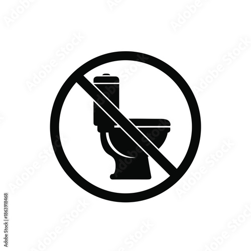A stark black and white symbol depicts a toilet inside a prohibition circle clearly indicating a restriction or ban on
