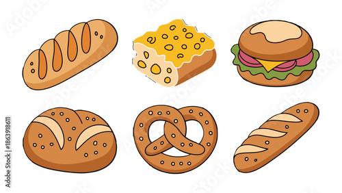 Variety of Baked Goods Illustration: A delectable assortment of freshly baked bread, each item promising a symphony of flavors and textures, ready to satisfy any palate. 