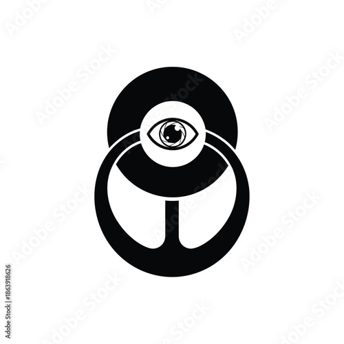 a striking black and white illustration depicts a stylized circular form featuring an eye within a larger shape conveying a