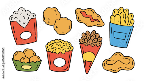Delectable Food Assortment: A visually appealing illustration of an array of tasty fast food items including french fries, chicken nuggets and popcorn, capturing the essence of culinary delight.