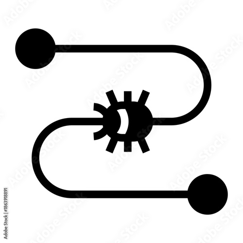 Solid glyph icon of a network path with a bug