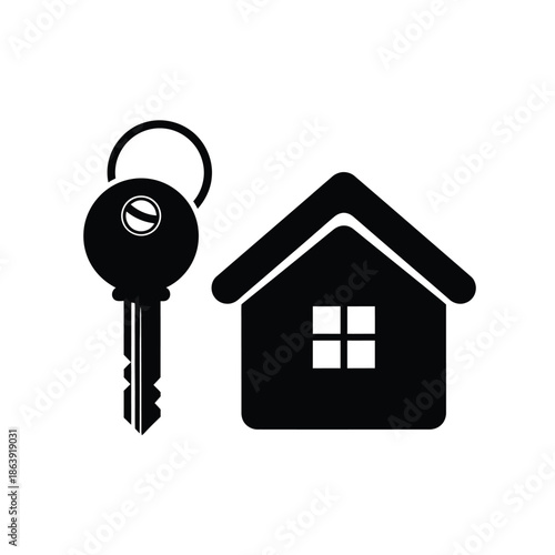a simple black and white illustration depicting a house with a key positioned directly beside it symbolizing home ownership