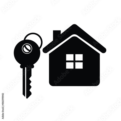 a simple black and white illustration depicting a house alongside a key symbolizing home ownership or access high quality professional