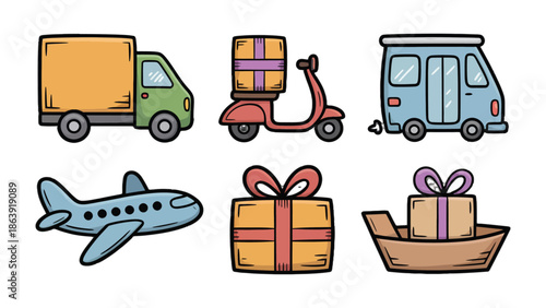 Delivery fleet: A collection of various vehicles and gift boxes used for swift deliveries and seamless transportation, all elegantly presented on a clean background.