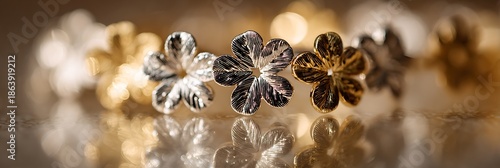 Floral Hair Accessories Macro: Silver and Golden Flower Hair Clip Detail, Reflective Surface, Shallow Depth of Field