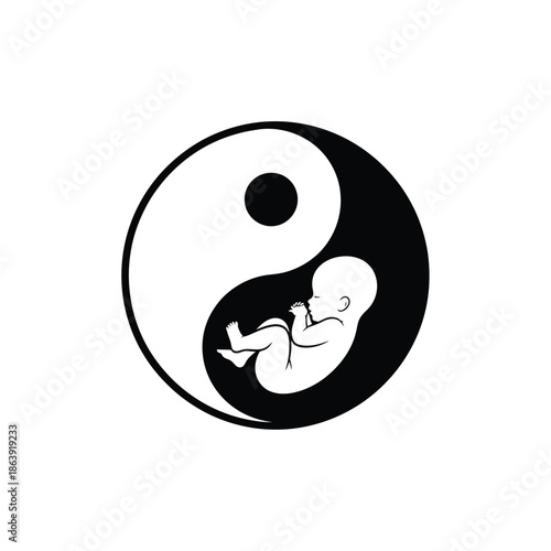 a striking visual representation of yin and yang symbolism incorporates a fetal position within the dark portion suggesting balance