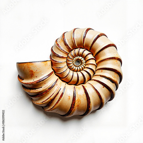 Detailed fossil ammonite shell showcasing spirals, artistic photography