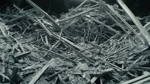A chaotic pile of twisted metal frameworks and rubble from demolished structures creating a landscape of destruction and debris