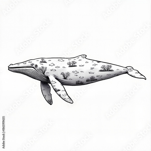 Whale with ocean patterns swimming gracefully in white background
