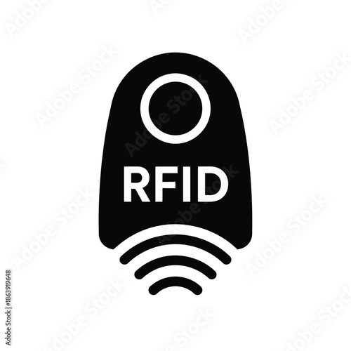 A simple black and white illustration depicts an rfid tag with the letters rfid and curved signal waves below