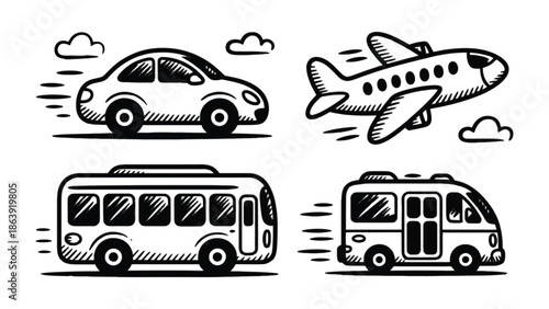 Transportation Essentials: A set of essential transportation vehicles are depicted, from a plane soaring through the air to a car racing on the road. The collection includes a bus and a van.
