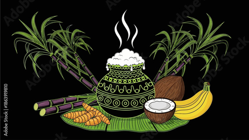 Vibrant Pongal celebration with steaming pot and traditional treats