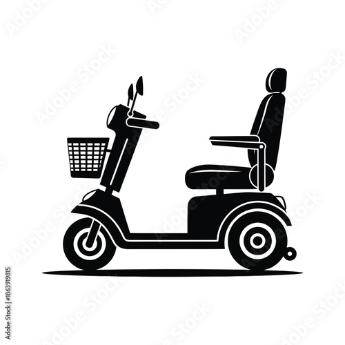 a sleek black and white silhouette depicting a three wheeled mobility scooter with a front basket shown on a white