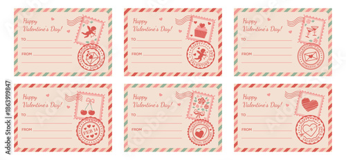 A set of blank retro templates for personalized gift tags and stickers for Valentine's Day. Letter-style design with a postage stamp and seal. "From and to" design. Vector illustration.