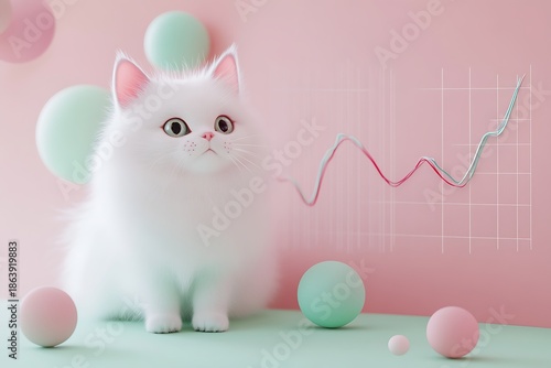 White Cat with Rising Graph: A Conceptual Illustration of Financial Growth and Cute Feline Charm Success Chart Data Visualisation Artistic Interpretation