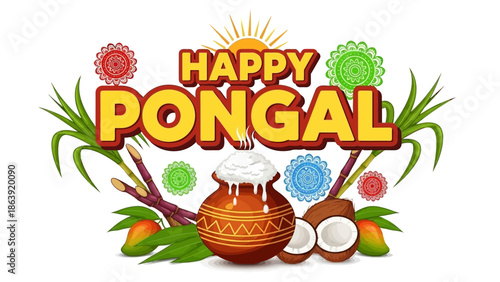 Vibrant Happy Pongal celebration with traditional pot and decorations