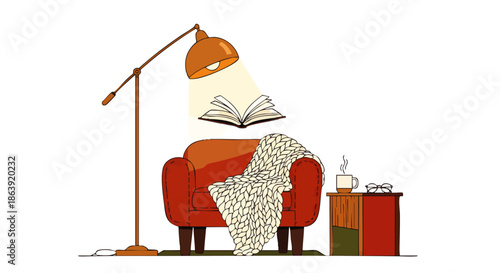 Cozy armchair bathed in warm light from a floor lamp, inviting relaxation with a book and blanket.