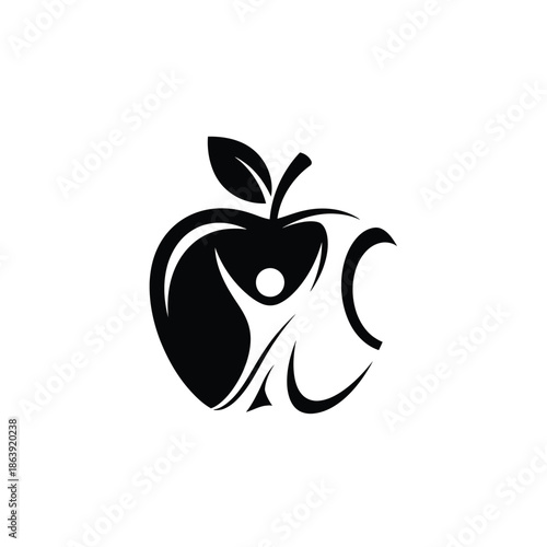 a stylized black and white logo features an apple shape with a person inside conveying growth and potential within