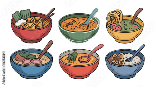 Culinary Bowls of Delight: A vibrant illustration showcasing a diverse array of delectable soups in colorful bowls, inviting viewers to explore a world of flavors and culinary creativity.