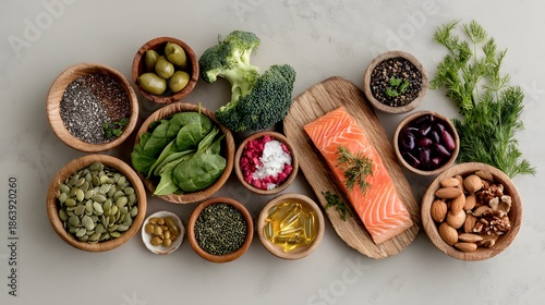 Functional food concept showing healthy meals and supplements on clean table