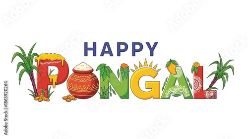Vibrant Happy Pongal celebration with colorful decorations and traditional elements
