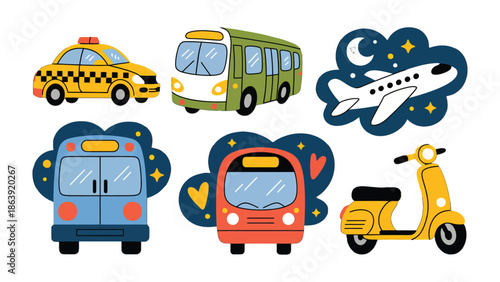 Transport Collection: A vibrant illustration showcasing an array of transportation modes, each symbolizing journeys, mobility, and the diversity of travel options.
